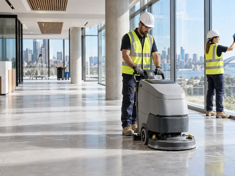 Labour Pro Group cleaners in hi-vis and hard hats working in a modern office lobby