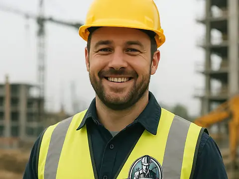 Smiling Labour Pro Group worker in a yellow hard hat and hi-vis vest on a construction site
