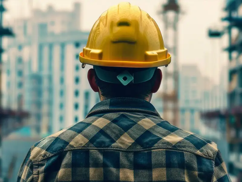 Worker in a yellow hard hat looking out over construction and industrial buildings
